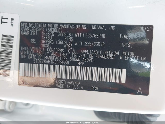 Продажа на аукционе авто 2022 Toyota Highlander Le, vin: 5TDZZRAH1NS539558, номер лота: 45686607