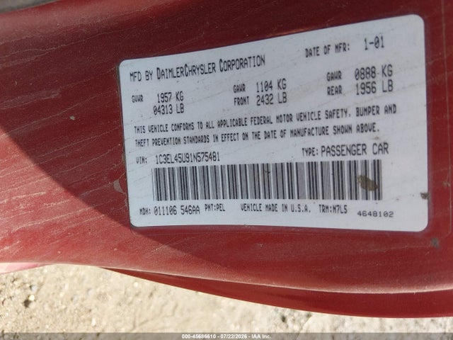 Aukcja sprzedaży 2001 Chrysler Sebring Lx, vin: 1C3EL45U91N575481, numer aukcji: 45686610