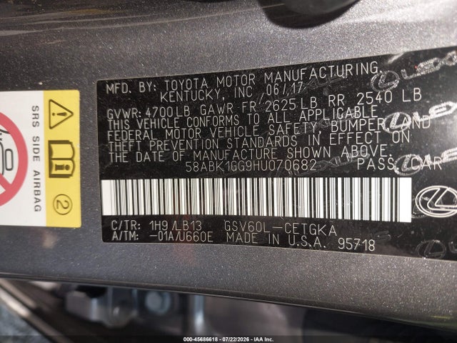 Продажа на аукционе авто 2017 Lexus Es 350, vin: 58ABK1GG9HU070682, номер лота: 45686618