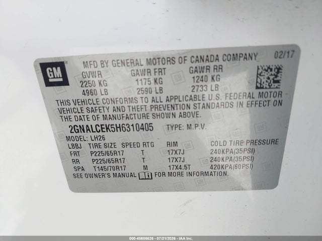 45686626 :رقم المزاد ، 2GNALCEK5H6310405 vin ، 2017 Chevrolet Equinox Lt مزاد بيع