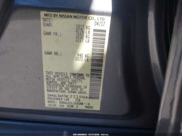 Nissan Altima 2.5 Sr 2017 1N4AL3AP7HC251994 Image 9
