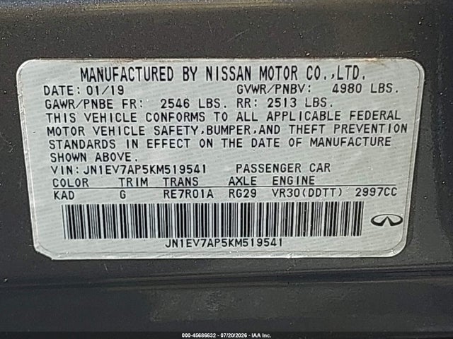 45686632 :رقم المزاد ، JN1EV7AP5KM519541 vin ، 2019 Infiniti Q50 3.0t Luxe مزاد بيع