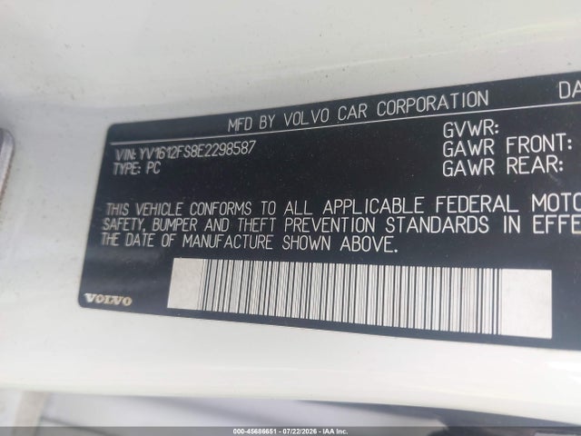 45686651 :رقم المزاد ، YV1612FS8E2298587 vin ، 2014 Volvo S60 T5 مزاد بيع
