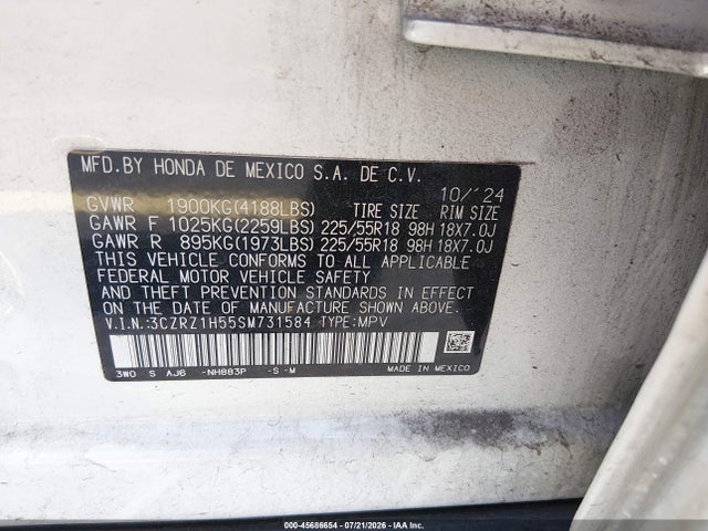 Продажа на аукционе авто 2025 Honda Hr-v 2wd Sport, vin: 3CZRZ1H55SM731584, номер лота: 45686654