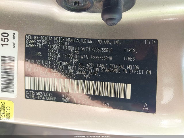 Продажа на аукционе авто 2015 Toyota Sienna Xle Premium 7 Passenger, vin: 5TDDK3DC3FS096276, номер лота: 45686676