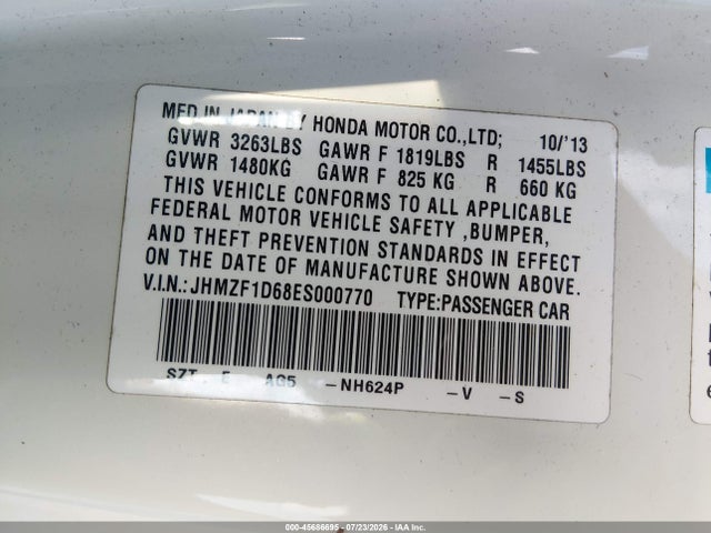 Aukcja sprzedaży 2014 Honda Cr-z Ex, vin: JHMZF1D68ES000770, numer aukcji: 45686695