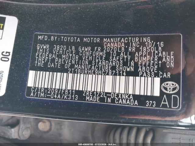 Toyota COROLLA LE 2017 2T1BURHE9HC787114 Image 9
