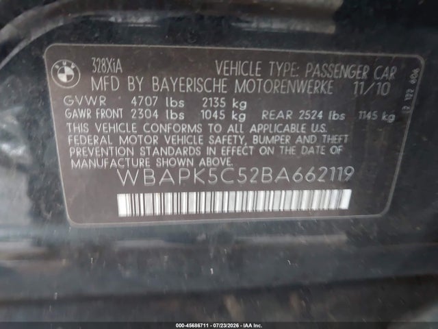Aukcja sprzedaży 2011 Bmw 328i Xdrive, vin: WBAPK5C52BA662119, numer aukcji: 45686711