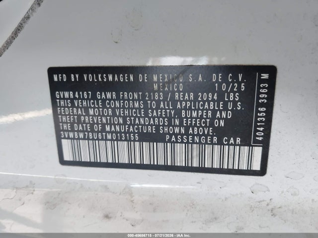 Aukcja sprzedaży 2026 Volkswagen Jetta Sport, vin: 3VWBW7BU6TM013155, numer aukcji: 45686715