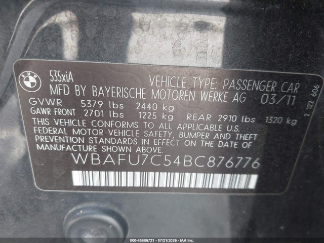 45686721 :رقم المزاد ، WBAFU7C54BC876776 vin ، 2011 Bmw 535i Xdrive مزاد بيع