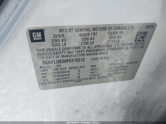 45686725 :رقم المزاد ، 2GKFLUE38F6316312 vin ، 2015 Gmc Terrain Denali مزاد بيع