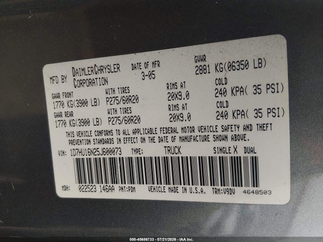 Продажа на аукционе авто 2005 Dodge Ram 1500 Slt/laramie, vin: 1D7HU16N25J600073, номер лота: 45686733