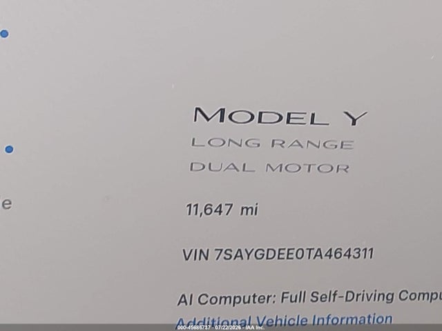 Aukcja sprzedaży 2026 Tesla Model Y All-wheel Drive/long Range Launch Series/premium All-wheel Drive, vin: 7SAYGDEE0TA464311, numer aukcji: 45686737