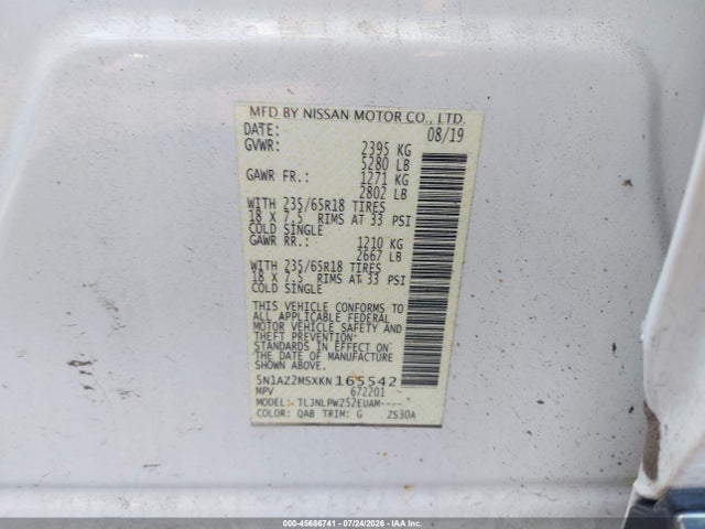 Продажа на аукционе авто 2019 Nissan Murano S, vin: 5N1AZ2MSXKN165542, номер лота: 45686741