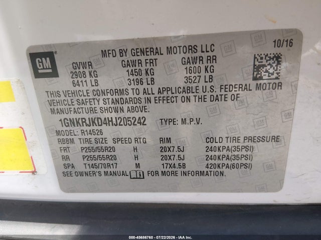 Продажа на аукционе авто 2017 Chevrolet Traverse Premier, vin: 1GNKRJKD4HJ205242, номер лота: 45686760