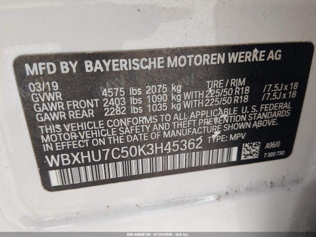 Aukcja sprzedaży 2019 Bmw X1 Sdrive28i, vin: WBXHU7C50K3H45362, numer aukcji: 45686768
