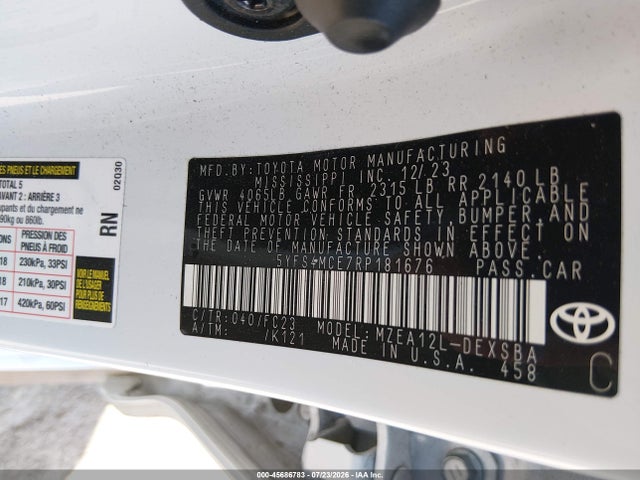 Aukcja sprzedaży 2024 Toyota Corolla Se, vin: 5YFS4MCE7RP181676, numer aukcji: 45686783