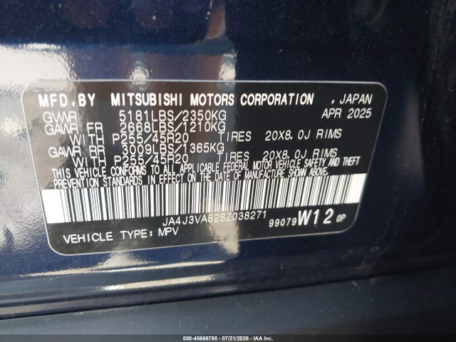 45686788 :رقم المزاد ، JA4J3VA82SZ038271 vin ، 2025 Mitsubishi Outlander Se 2.5 2wd مزاد بيع
