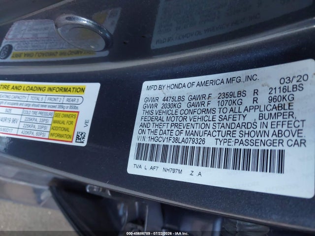 Продажа на аукционе авто 2020 Honda Accord Sport, vin: 1HGCV1F38LA079326, номер лота: 45686789