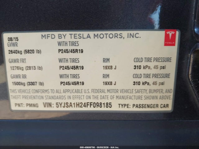 45686798 :رقم المزاد ، 5YJSA1H24FF098185 vin ، 2015 Tesla Model S مزاد بيع