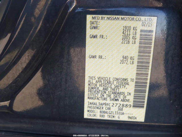 Продаж на аукціоні авто 2015 Nissan Altima 2.5/2.5 S/2.5 Sl/2.5 Sv, vin: 1N4AL3AP9FC272889, номер лоту: 45686804