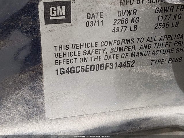 Продаж на аукціоні авто 2011 Buick Lacrosse Cxl, vin: 1G4GC5ED0BF314452, номер лоту: 45686818