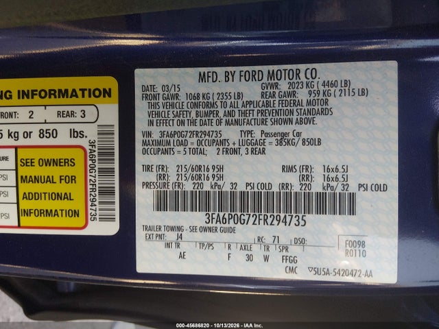 Продажа на аукционе авто 2015 Ford Fusion S, vin: 3FA6P0G72FR294735, номер лота: 45686820