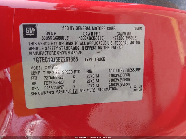 Продаж на аукціоні авто 2008 Gmc Sierra 1500 Sle1, vin: 1GTEC19J58Z267365, номер лоту: 45686821
