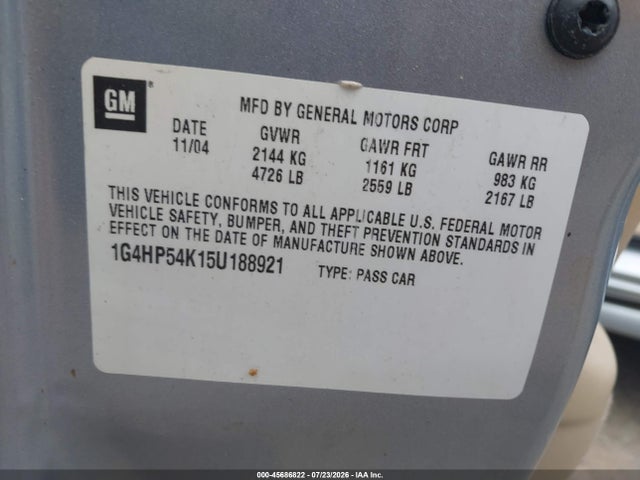 Auction sale of the 2005 Buick Lesabre Custom, vin: 1G4HP54K15U188921, lot number: 45686822