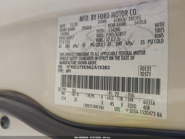 Продажа на аукционе авто 2006 Ford Explorer Limited, vin: 1FMEU75E66ZA15383, номер лота: 45686828