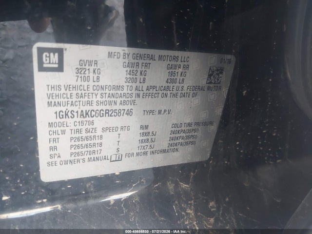 45686830 :رقم المزاد ، 1GKS1AKC6GR258746 vin ، 2016 Gmc Yukon Sle مزاد بيع