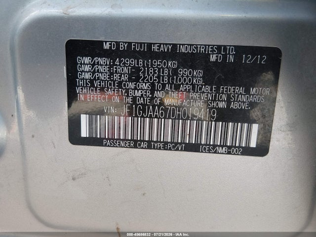 45686832 :رقم المزاد ، JF1GJAA67DH019419 vin ، 2013 Subaru Impreza 2.0i مزاد بيع