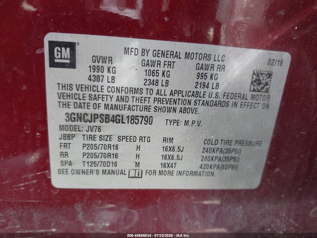 45686834 :رقم المزاد ، 3GNCJPSB4GL185790 vin ، 2016 Chevrolet Trax Lt مزاد بيع