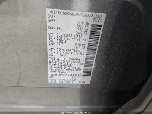 Продаж на аукціоні авто 2022 Nissan Pathfinder Sv 4wd, vin: 5N1DR3BDXNC247827, номер лоту: 45686836