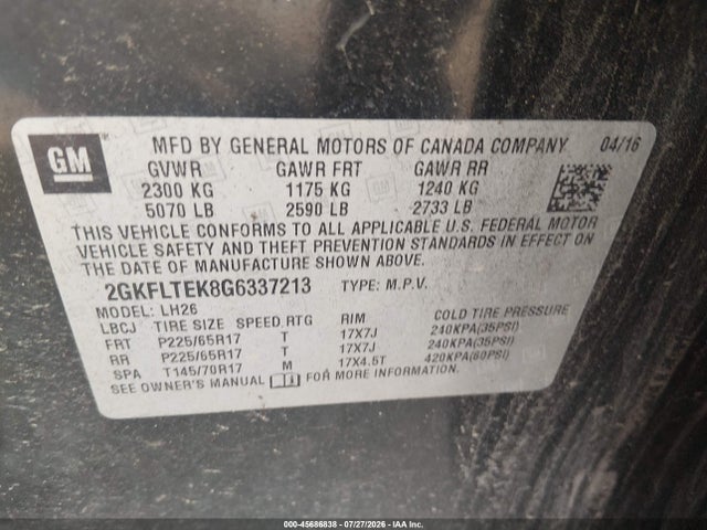45686838 :رقم المزاد ، 2GKFLTEK8G6337213 vin ، 2016 Gmc Terrain Sle-2 مزاد بيع