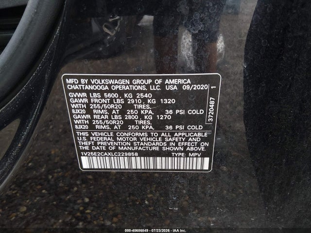 45686849 :رقم المزاد ، 1V25E2CAXLC229858 vin ، 2020 Volkswagen Atlas Cross Sport 3.6l V6 Se W/technology/3.6l V6 Se W/technology R-line مزاد بيع