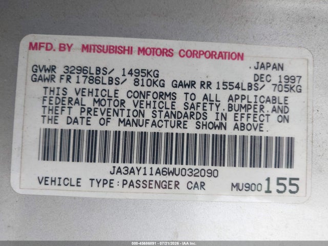 Продажа на аукционе авто 1998 Mitsubishi Mirage De, vin: JA3AY11A6WU032090, номер лота: 45686891