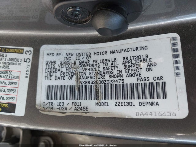 Auction sale of the 2008 Toyota Corolla Le, vin: 1NXBR32E08Z022475, lot number: 45686893