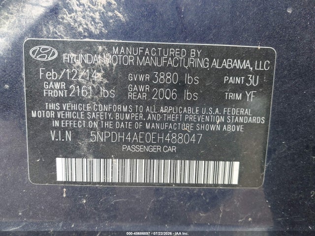 Aukcja sprzedaży 2014 Hyundai Elantra Se, vin: 5NPDH4AE0EH488047, numer aukcji: 45686897
