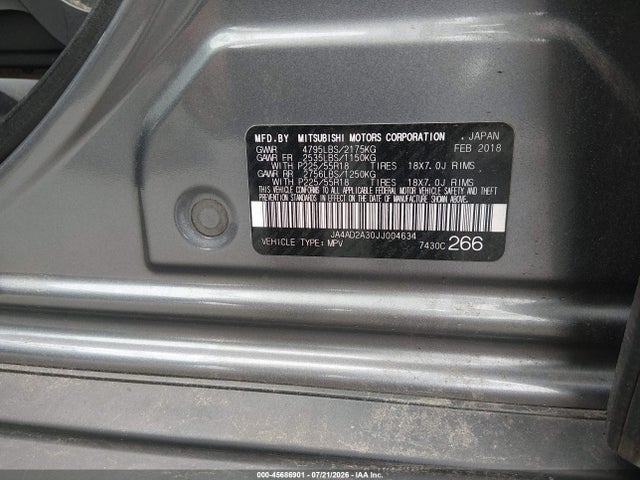 45686901 :رقم المزاد ، JA4AD2A30JJ004634 vin ، 2018 Mitsubishi Outlander Es مزاد بيع