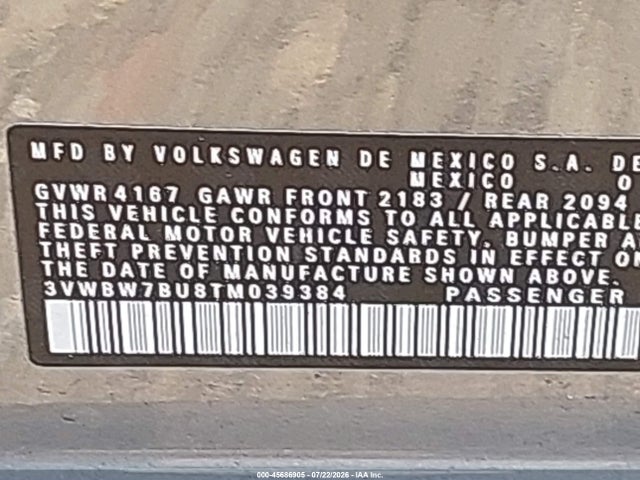 2026 Volkswagen Jetta Sport მანქანა იყიდება აუქციონზე, vin: 3VWBW7BU8TM039384, აუქციონის ნომერი: 45686905