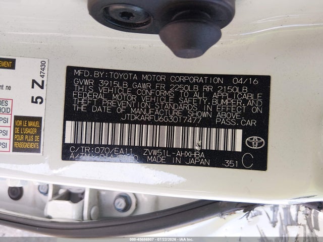 Aukcja sprzedaży 2016 Toyota Prius Three Touring, vin: JTDKARFU6G3017477, numer aukcji: 45686907