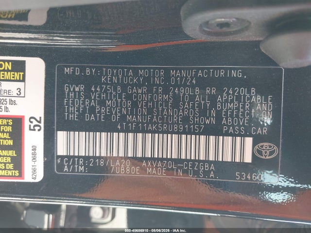 2024 Toyota Camry Xle მანქანა იყიდება აუქციონზე, vin: 4T1F11AK5RU891157, აუქციონის ნომერი: 45686910