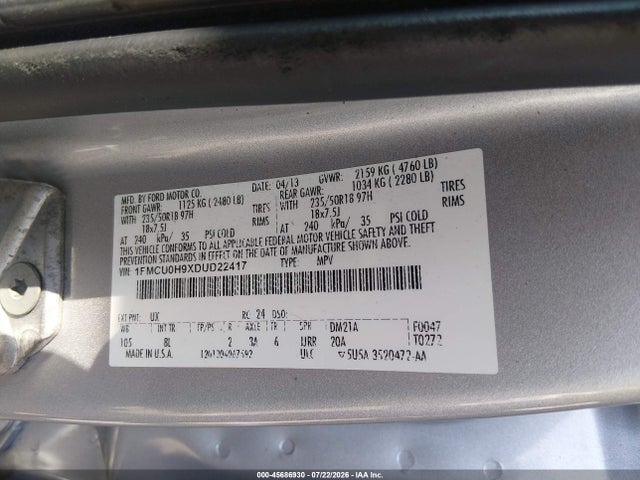 2013 Ford Escape Sel მანქანა იყიდება აუქციონზე, vin: 1FMCU0H9XDUD22417, აუქციონის ნომერი: 45686930
