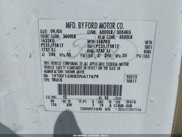 2005 Ford F-150 Stx/xl/xlt მანქანა იყიდება აუქციონზე, vin: 1FTRF14W85NA17679, აუქციონის ნომერი: 45686944