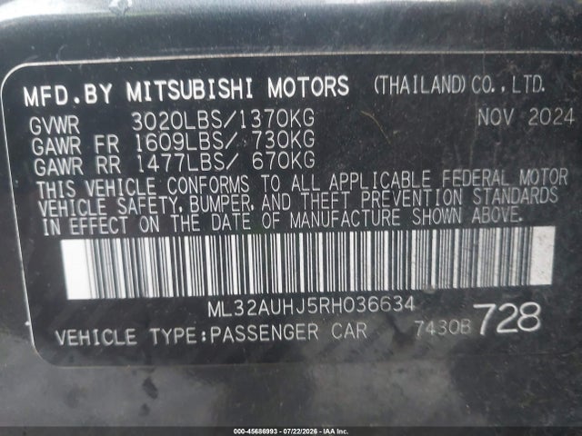 Продаж на аукціоні авто 2024 Mitsubishi Mirage Es/le, vin: ML32AUHJ5RH036634, номер лоту: 45686993