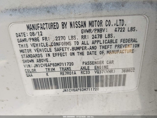 Продаж на аукціоні авто 2013 Infiniti G37 Journey, vin: JN1CV6AP6DM711720, номер лоту: 45686995