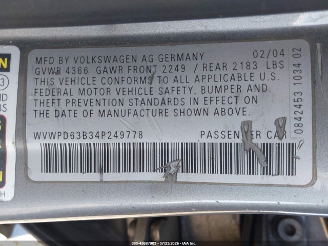 45687003 :رقم المزاد ، WVWPD63B34P249778 vin ، 2004 Volkswagen Passat Gls مزاد بيع
