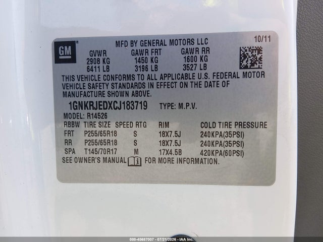 2012 Chevrolet Traverse Lt W/2lt მანქანა იყიდება აუქციონზე, vin: 1GNKRJEDXCJ183719, აუქციონის ნომერი: 45687007