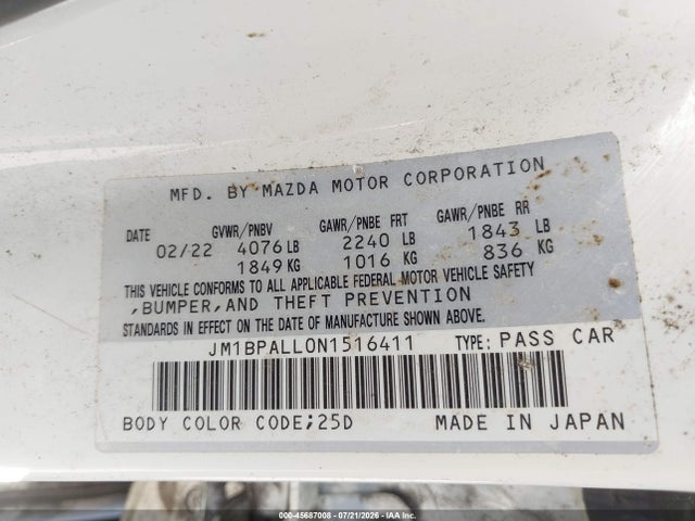 45687008 :رقم المزاد ، JM1BPALL0N1516411 vin ، 2022 Mazda Mazda3 مزاد بيع